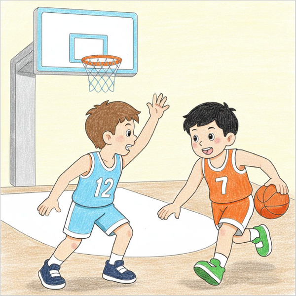 How to draw a basketball game easily for kids using basic shapes to create a sports action scene.