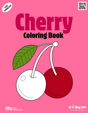 Cherry colouring book for kids with ripe cherries, leafy branches, and summer-themed patterns, a fruit-inspired PDF activity.