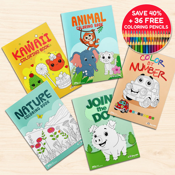 Jumbo Coloring Book Bundle - 5 Themed Books + Free Coloring Pencils!