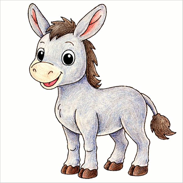 How to draw a donkey step by step, easy farm animal drawing tutorial for kids and beginners with simple sketch