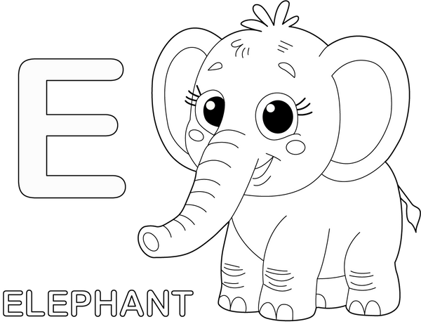 E for Elephant coloring page – printable animal drawing for children