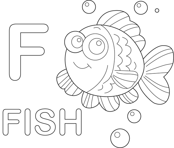 F for Fish coloring page – printable aquatic animal art for kids