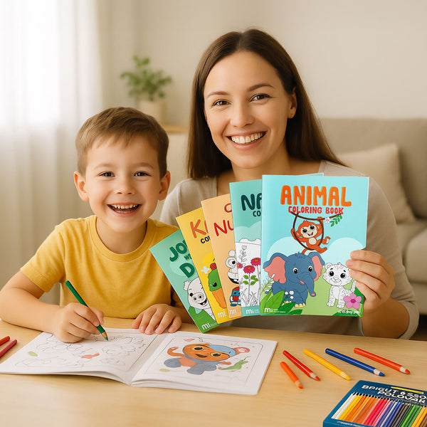 Happy Mum and Child Enjoying Monkey Pen Coloring Books Together