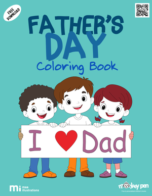 Free printable Father’s Day colouring page for kids illustrating a father with child and a “Best Dad” trophy, ideal for gifts and celebrations.