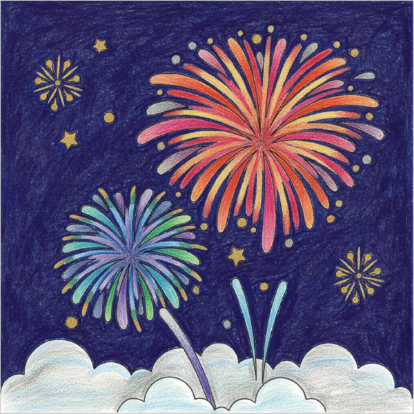 How to draw fireworks easily for kids using basic shapes and festive burst effects.