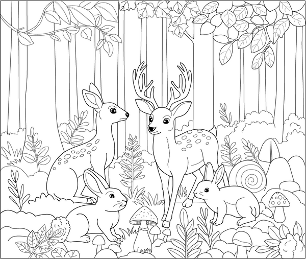 Forest Animal Gathering coloring page – printable animal drawing for children