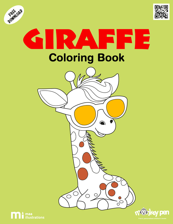 Giraffe colouring page for kids with spots and long neck, perfect for educational activities on jungle animals.