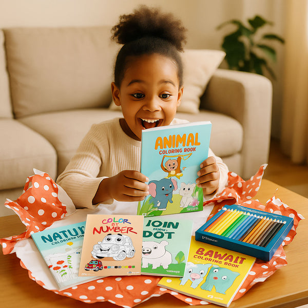 Excited Little Girl Opening Monkey Pen Coloring Book Gift Bundle