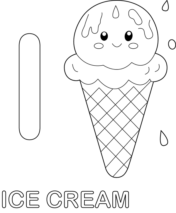 I for Ice Cream coloring page – food-themed printable activity for kids