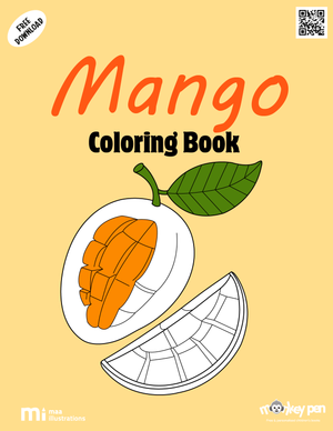 Mango colouring book for kids with ripe mangoes on branches, slices, and summer-themed backgrounds, a tropical fruit-themed PDF.