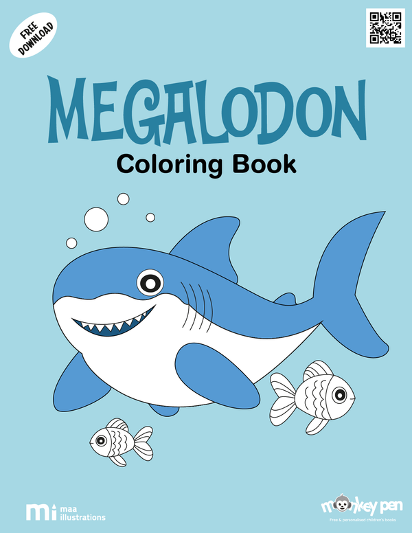 Megalodon colouring page depicting a giant prehistoric shark with ocean waves, suitable for educational and creative purposes.
