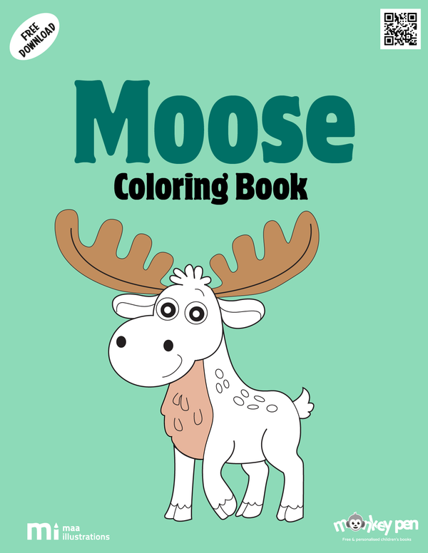 Moose colouring book for kids with majestic moose, forest backgrounds, lakes, and mountain landscapes, a wildlife education resource.