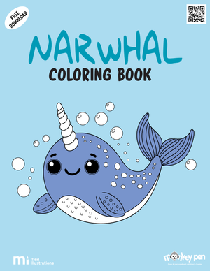 Printable narwhal colouring book for children showing a cheerful narwhal underwater, suitable for marine and fantasy themes.