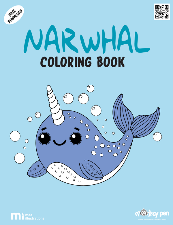 Printable narwhal colouring book for children showing a cheerful narwhal underwater, suitable for marine and fantasy themes.