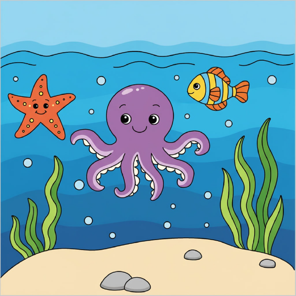 How to draw an ocean scene step by step for kids, easy sea landscape drawing tutorial, printable PDF worksheet sketch guide
