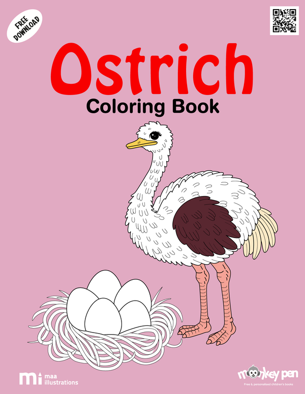 Ostrich colouring page featuring a tall bird with long legs and expressive eyes, suitable for young learners.