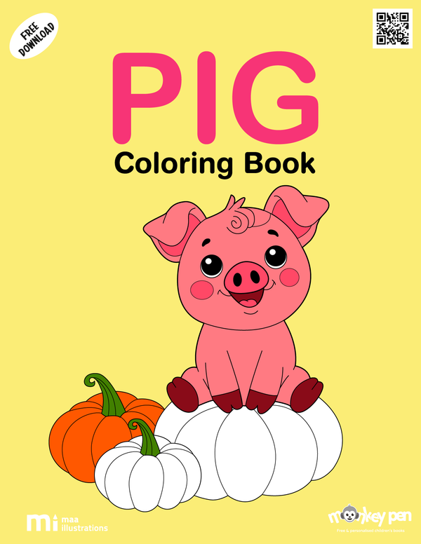 Cute pig colouring page with round body and expressive face, designed for early learners and farm themes.