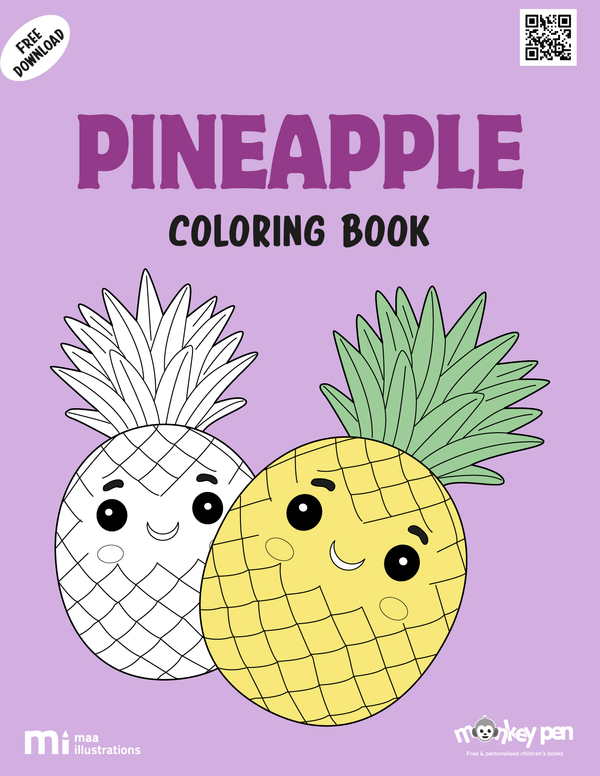 Printable colouring book of a pineapple with tropical leaves, suitable for educational or recreational use in tropical or summer themes.