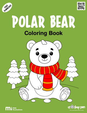Polar bear colouring page with snowy background, perfect for winter or wildlife educational activities.