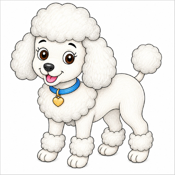 How to draw a poodle easily for kids using basic shapes and fluffy texture details.