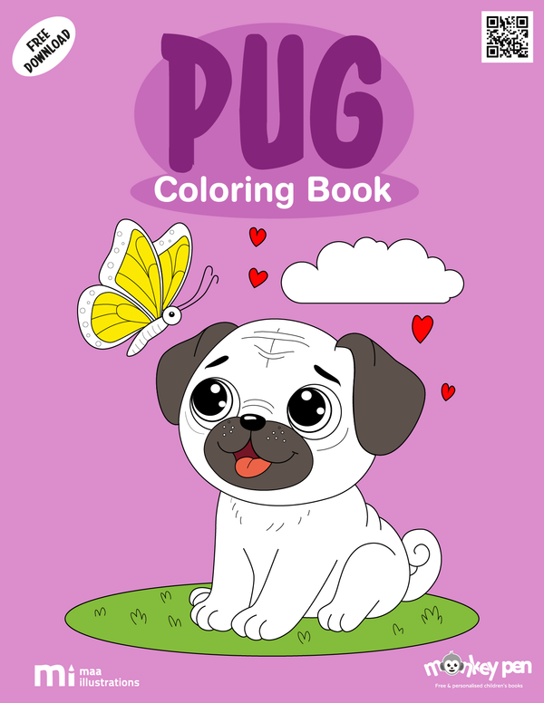 Printable pug colouring page for kids – a playful dog with a wrinkled face and wagging tail to colour.