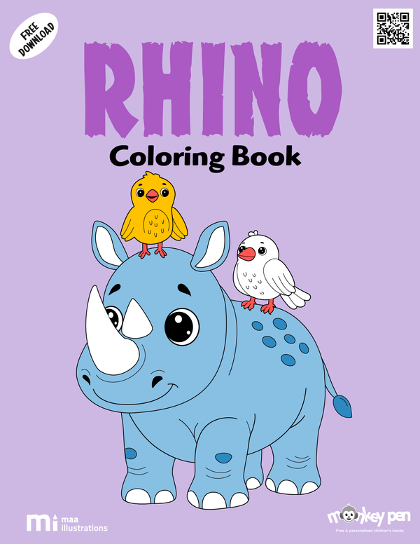 Rhino colouring page for kids, showcasing a bold image of a rhinoceros, ideal for learning about wildlife.