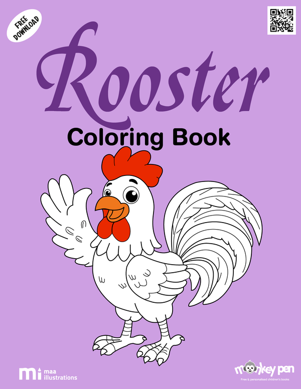Rooster colouring book for children with farmyard scenes, including roosters, fences, barns, and butterflies, suitable for educational and recreational use.