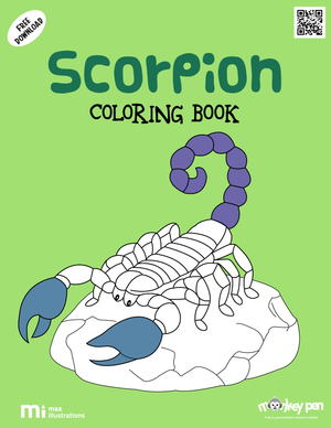 Scorpion colouring book for children illustrating desert scorpions with claws and tails in sandy habitats, suitable for educational purposes.