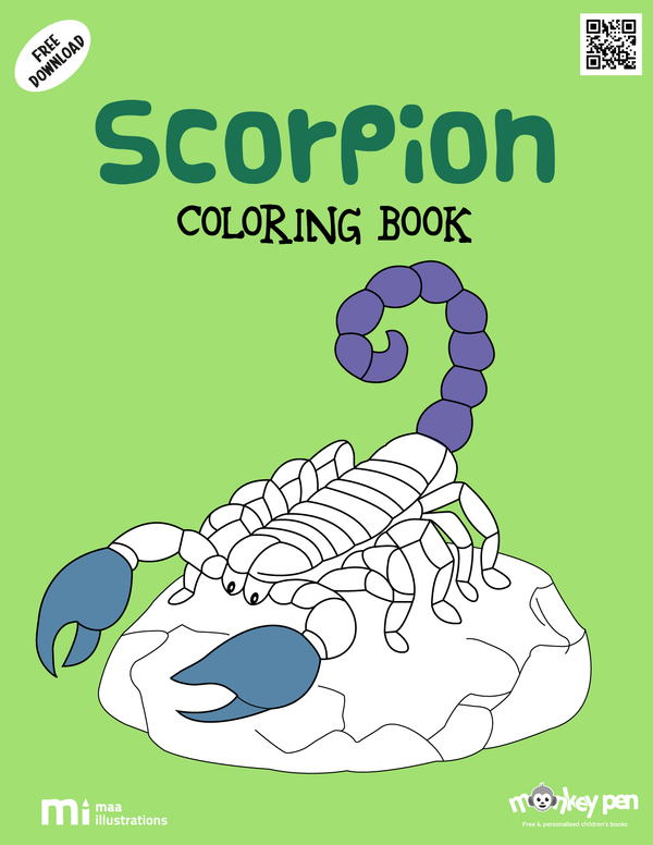 Scorpion colouring book for children illustrating desert scorpions with claws and tails in sandy habitats, suitable for educational purposes.