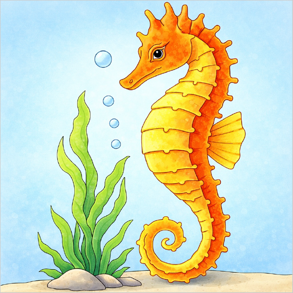 How to draw a seahorse step by step for kids, easy cute seahorse drawing tutorial, simple ocean animal sketch guide for beginners
