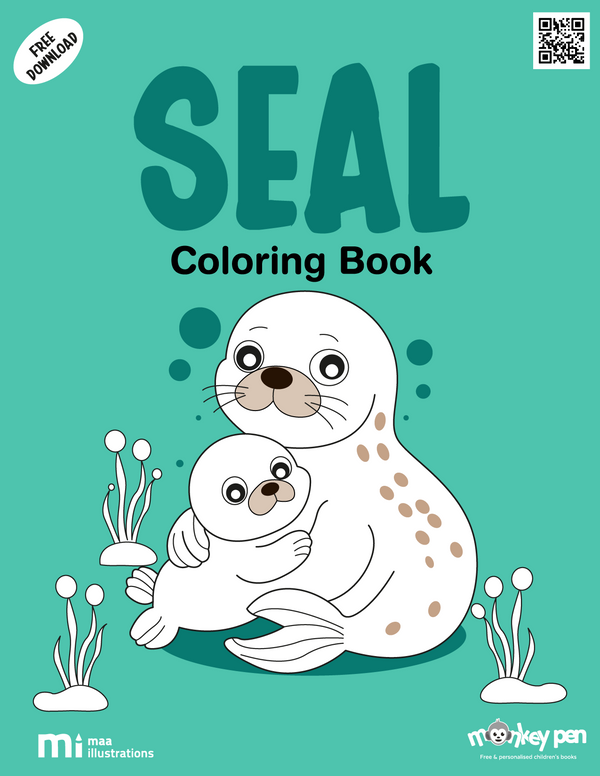 Seal colouring page featuring a playful marine animal with flippers, set in an ocean environment, suitable for young children.