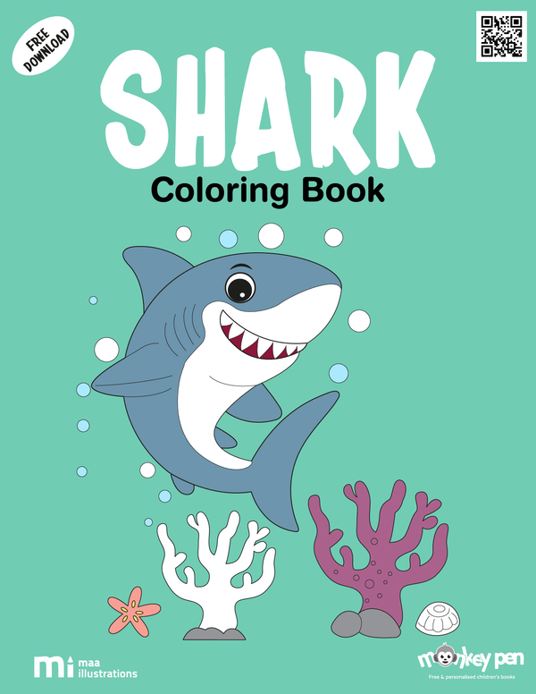 Shark colouring page for children showing a cheerful shark in its ocean habitat, for educational and artistic engagement.