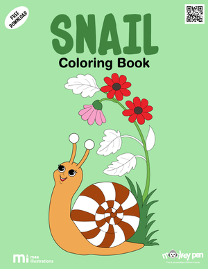 Free printable snail colouring page for kids showing a cute snail with a spiral shell in a garden scene, an easy and fun PDF activity for children to colour.