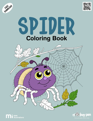 Free printable spider colouring page for kids showing a cute spider hanging on a web, perfect PDF activity to teach children about spiders and nature creatively.