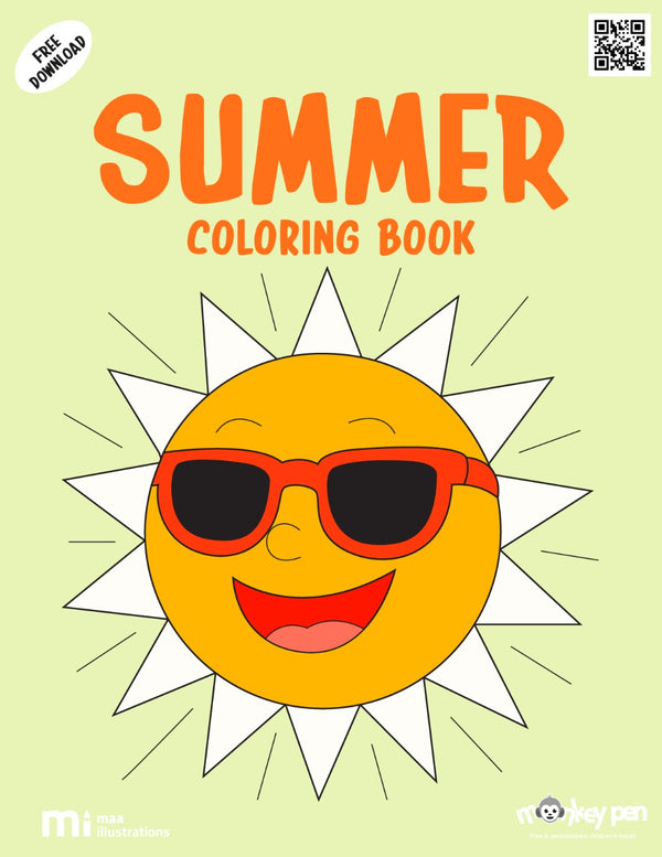 Free printable summer colouring book for kids showing ice cream, sandcastle, and beach fun, a cheerful PDF activity to celebrate summer with creative colouring.