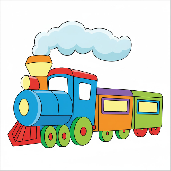 Easy train drawing for kids step by step using simple shapes, cute cartoon train sketch tutorial, beginner vehicle drawing guide