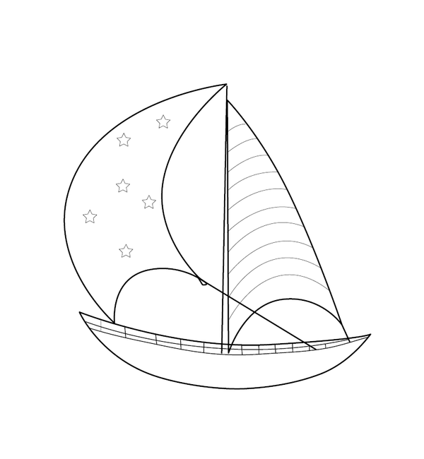 Simple outline of a sailboat with star and stripe patterns on its sails – fun and educational printable for children