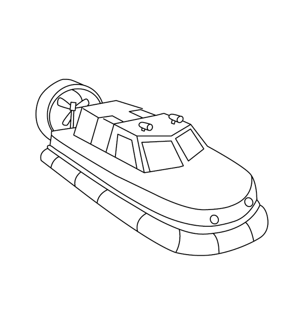 Outline drawing of a hovercraft with a large rear fan and windows — fun and educational printable for children