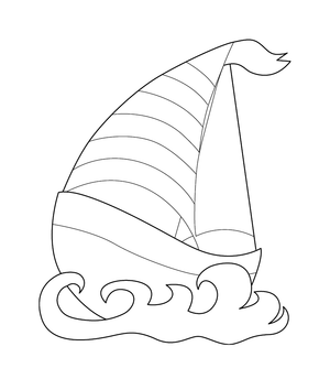 A striped sailboat with a waving flag sailing on curvy waves – fun and educational printable for children.