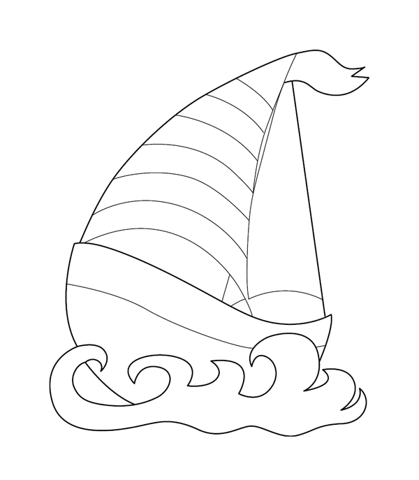 A striped sailboat with a waving flag sailing on curvy waves – fun and educational printable for children.