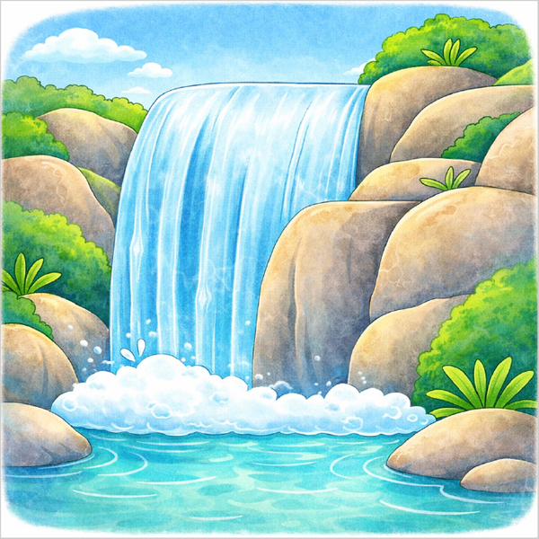 How to draw a waterfall step by step for kids, easy nature waterfall drawing tutorial, simple landscape sketch guide for beginners
