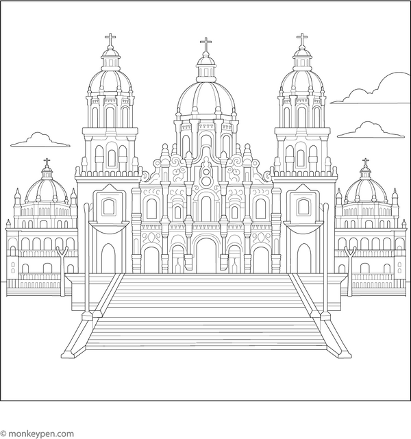 A lively Zócalo scene with fountains, flags, and people enjoying Mexico’s central plaza, perfect for kids to colour and explore culture.