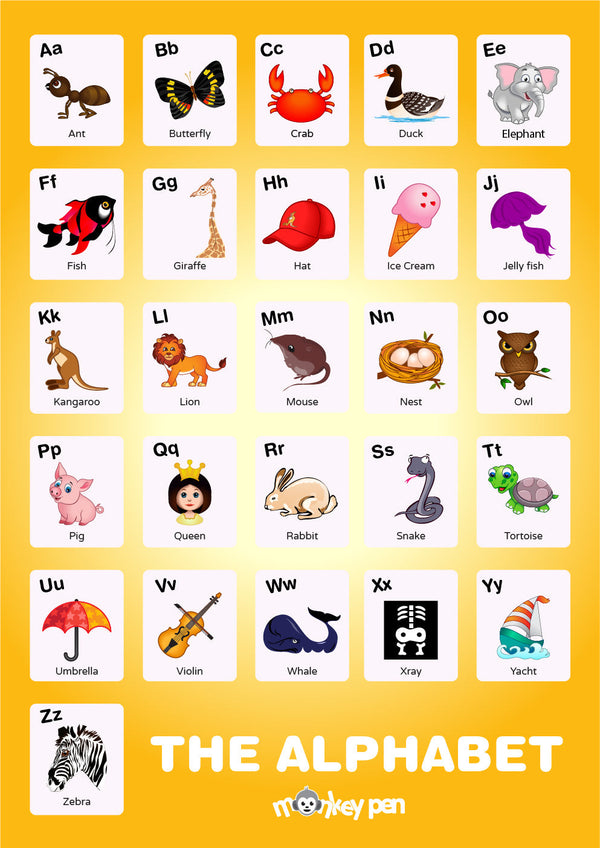 Free printable alphabet picture poster with bright illustrations to help young learners master the ABCs.