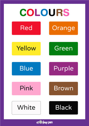 A colorful poster for kids featuring color names with matching shades, designed to support early learning and word recognition.