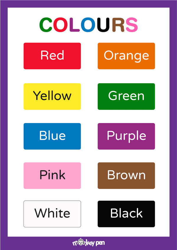 A colorful poster for kids featuring color names with matching shades, designed to support early learning and word recognition.