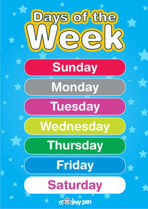 Colorful Days of the Week poster for kids with vibrant colors available for instant download.