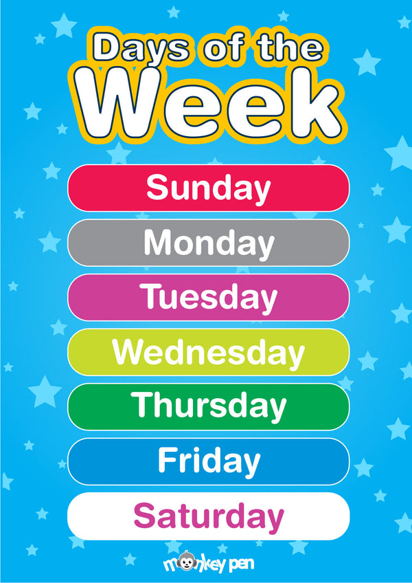 Colorful Days of the Week poster for kids with vibrant colors available for instant download.