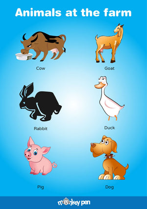 Farm animal poster with vibrant visuals for educational use available for download.