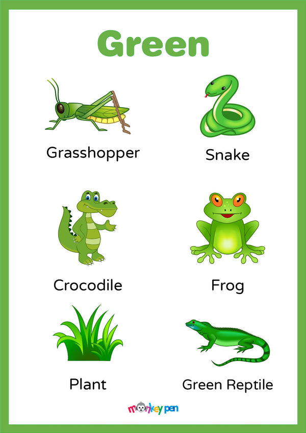 A poster designed to help kids learn green color objects, featuring a grasshopper, snake, crocodile, frog, plant, and a green reptile.