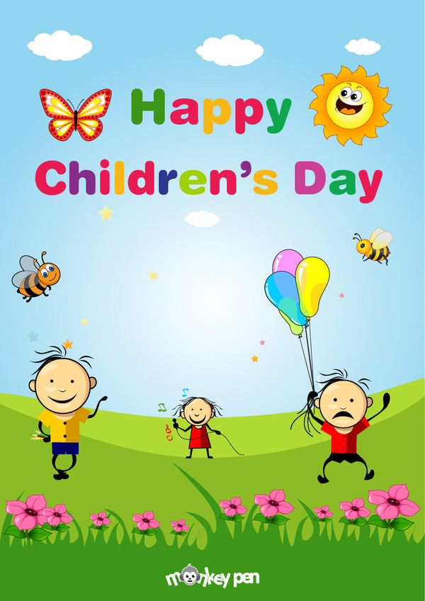 A Happy Children's Day Poster with cheerful kids, colorful balloons, and a bright, sunny background.
